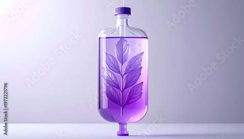 Infusion bottle containing purple liquid and embedded leaf artwork modern botanical design in studio setting against soft gradient
