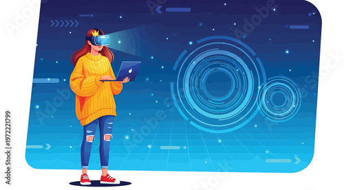 Young woman wearing virtual reality headset and using laptop in digital metaverse space