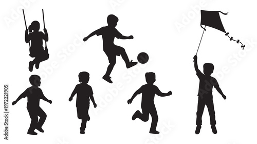 Black silhouette children playing, kids outdoor activities, playground fun, vector icons