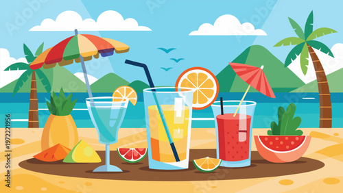refreshing tropical cocktails on the beach colorful fruit drinks, umbrellas and ocean backdrop in flat vector style