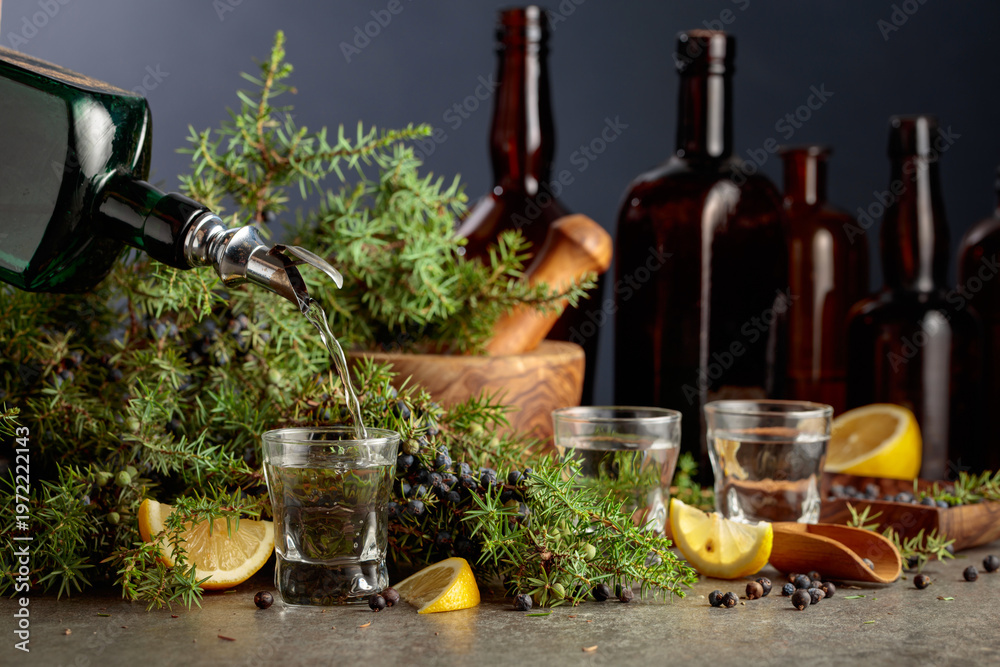 Obraz premium Gin is poured from a vintage bottle into a glass.