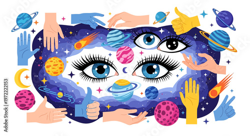 Eyes with long eyelashes and planets.