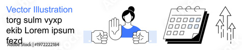 Business collaboration, decision-making, time management, negotiation, goal planning, growth. A figure gesturing stop, calendar and rising arrows. Negotiation and time management focus