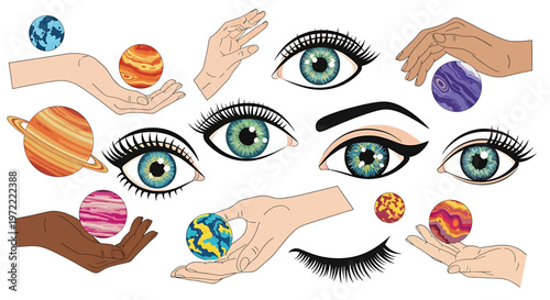 Eyes and hands holding planets.