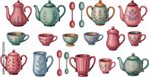 Vintage teapot and teacup collection with floral patterns, colorful ceramic kitchenware set, hand drawn illustration for cozy tea time concept