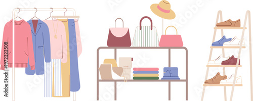 Clothing store display set with apparel handbags hats and footwear perfect for shopping and fashion branding