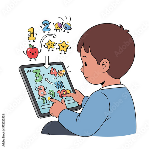 Boy playing educational tablet game.