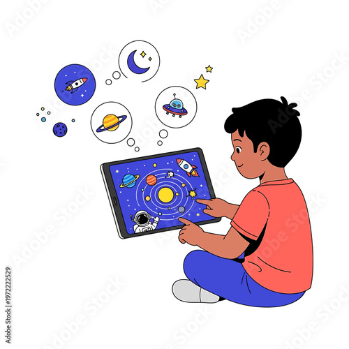 Boy Playing Educational Space Tablet Game.