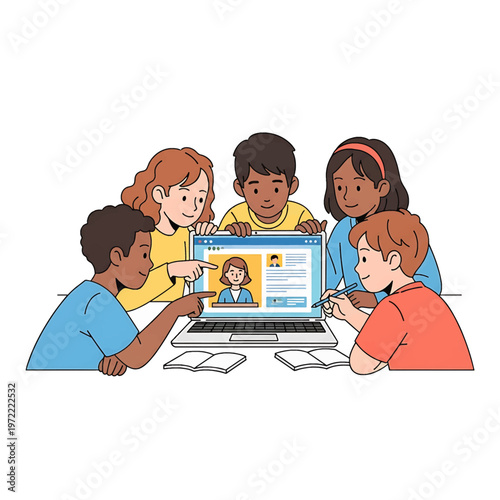 Diverse children using a laptop computer.
