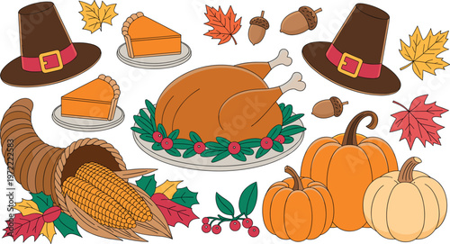Thanksgiving harvest illustration with turkey pumpkin pie pilgrim hat autumn leaves cornucopia seasonal food festive holiday vector collection design