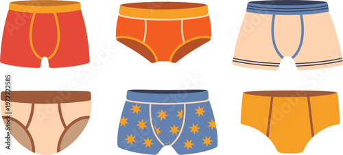 Men underwear collection with boxer briefs and trunks colorful flat vector illustration for clothing design