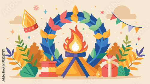 Autumn campfire emblem laurel wreath, ribbon and glowing flame with stylized trees under crescent sky in warm flat-vector style