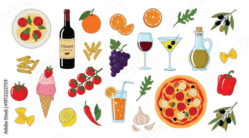 Set of italian food and drinks, pasta, pizza, wine, vegetables, fruits and ice cream