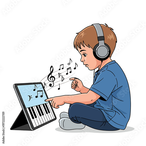 Young boy wearing headphones using tablet.