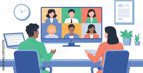 Modern business video conference meeting illustration, remote teamwork collaboration, online communication, office workspace, digital screen discussion, corporate team virtual call concept