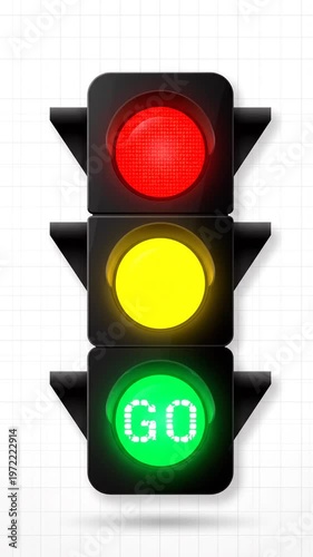Vertical black traffic signal icon showing the top red light illuminated with white STOP text, while the middle and bottom lenses are off, isolated on a white grid background.
