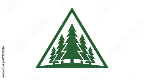 Green Pine Trees Forest Inside a Triangular Shape, nature and ecology symbol, isolated white background.