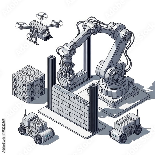 Industrial Automation Robotics Construction Drone Technology Illustration