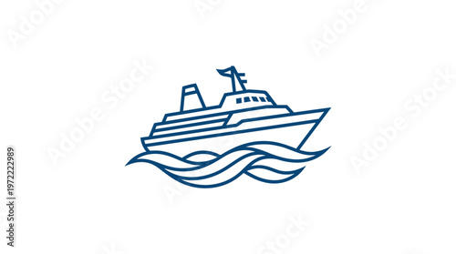 Blue Outline of a Ship or Cruise Boat with Waves Icon on Isolated White Background