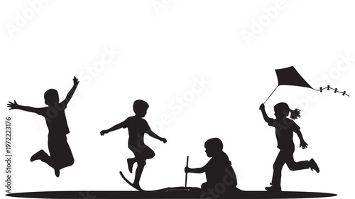 Black silhouettes of children playing, kids jumping and flying kite, playful kids vector icons