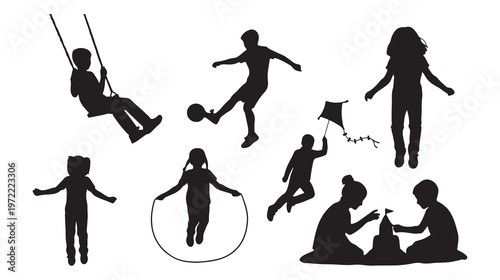 Black silhouettes of children playing, kids recreational activities, playground fun, vector icons