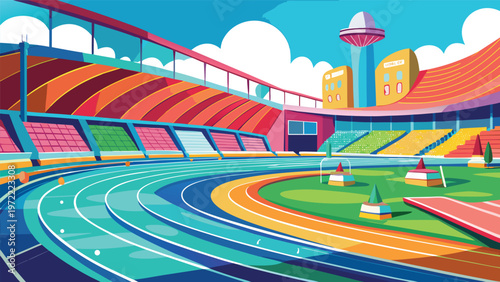 Vibrant sports stadium colorful running track, cheering stands and futuristic skyline in lively flat-vector illustration
