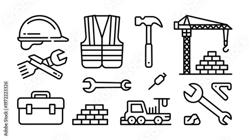 Minimal Labor Line Icon Set Worker, Tools and Construction Symbols