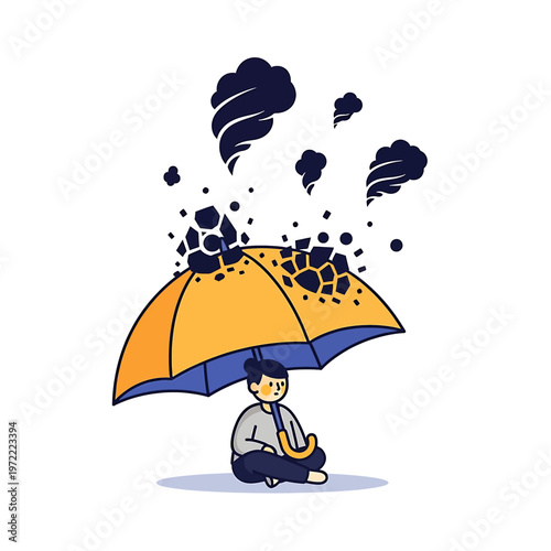 Man sitting under yellow umbrella.