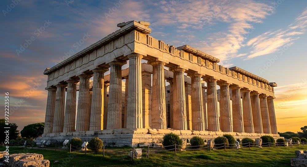 Fototapeta premium Ancient temple with towering columns, set against a sunset sky