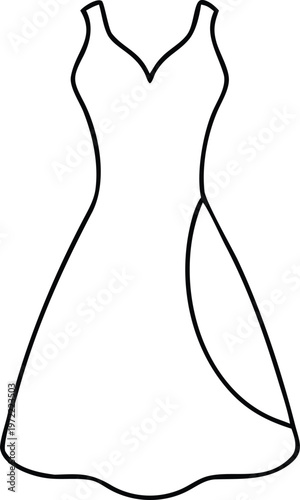 Outline drawing of a chic short cocktail dress featuring a unique draped skirt design