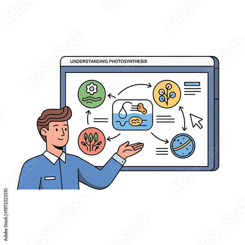Man explaining photosynthesis process diagram.