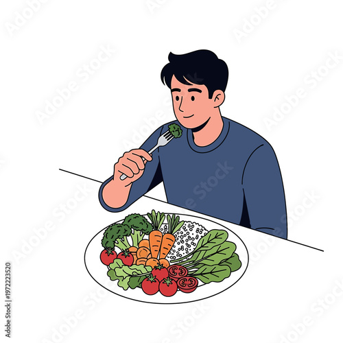 Man Eating Healthy Colorful Vegetable Salad.