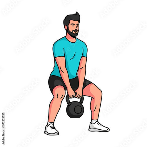 Man doing kettlebell squat exercise.