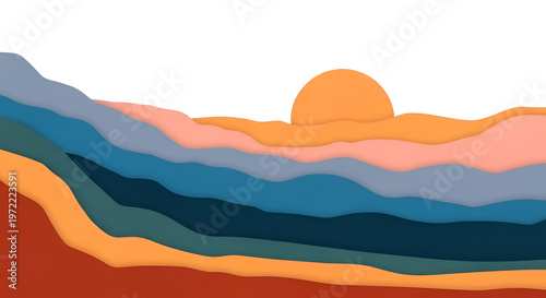Layered landscape illustration with sunrise over hills in shades of orange blue and pink creating a paper cut effect for backgrounds