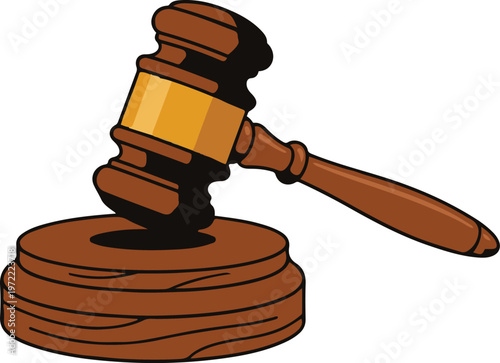 Flat vector illustration of a wooden judge gavel and sound block, symbolizing law, justice, court decisions, and legal authority.