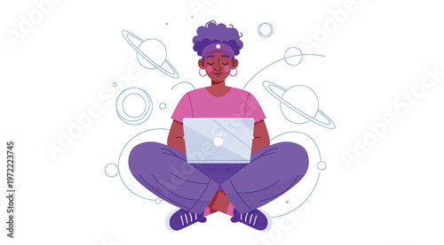 Young person with curly hair sitting in lotus position and working on a laptop surrounded by planets