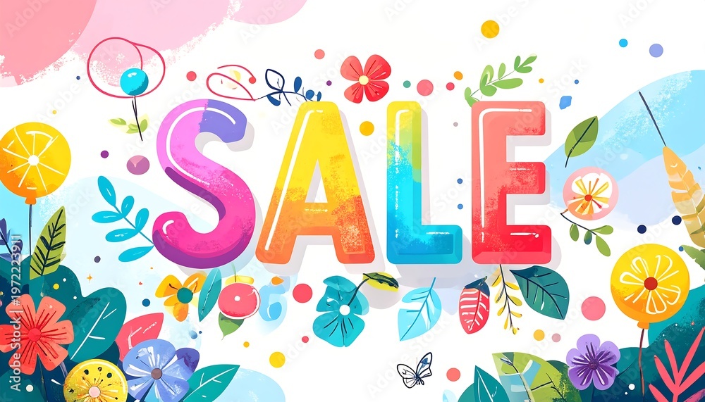 Fototapeta premium Colorful SALE typography surrounded by whimsical floral elements against a white background for a bright and cheerful design