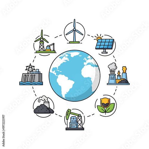 Earth with renewable energy icons around.
