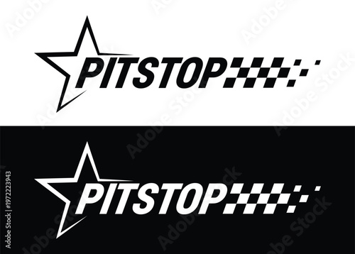 Pitstop racing logo set with star emblem and checkered flag motion, motorsport typography badges for garage branding, automotive decals, esports overlays, sports graphics. Vector illustration