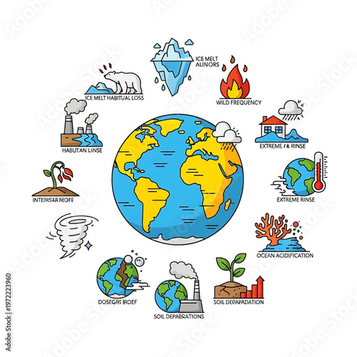 Earth with environmental damage icons around.