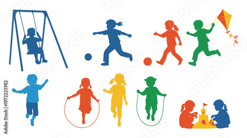 Colorful children playing, kids icons, playground vector graphics, fun activities set