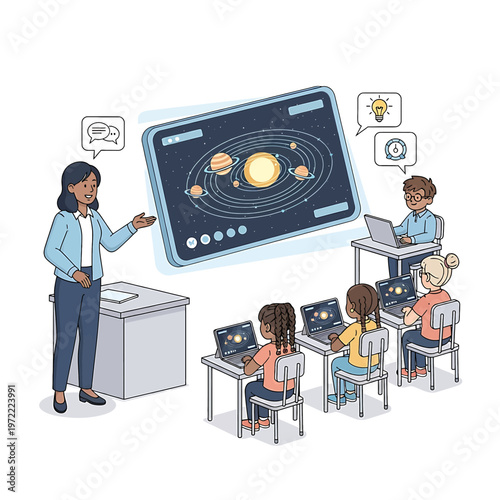 Teacher explaining solar system to students.