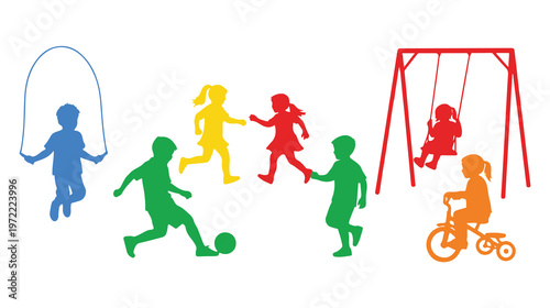 Colorful children playing, kids recreation icons, playground activities, colorful silhouette set