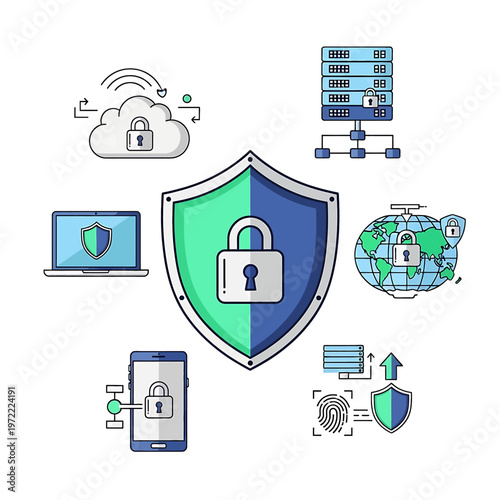 Padlock on shield security symbol icon.