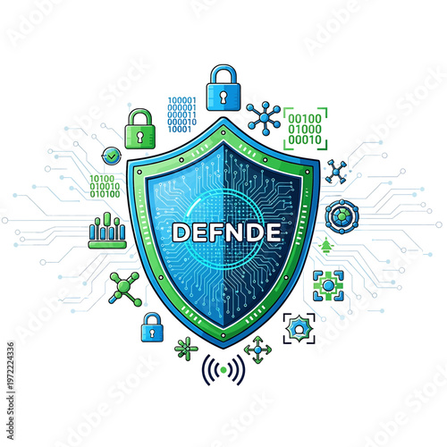 Shield with DEFNDE text and icons.