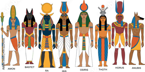 Ancient Egyptian gods vector illustration set featuring Amon Bastet Ra Isis Osiris Thoth Horus Anubis mythology characters detailed cultural artwork