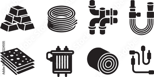 Collection of industrial and scientific equipment icons including gold bars and plumbing components