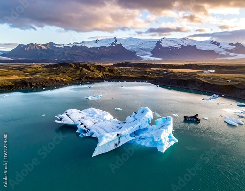 Brightly lit iceberg floating in a glacial lagoon with mountains and land visible