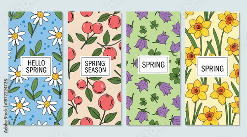 Set of four spring vertical banners with floral and berry patterns, daisy, daffodil, bellflower and cranberry illustrations