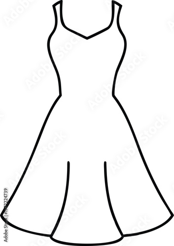 Outline drawing of a stylish sleeveless V neck A line dress with subtle skirt folds